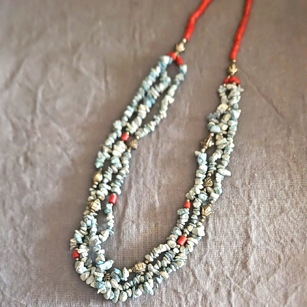 Southwestern Style 3 Strand Nexklace Boho India Blue Coral silver W Red